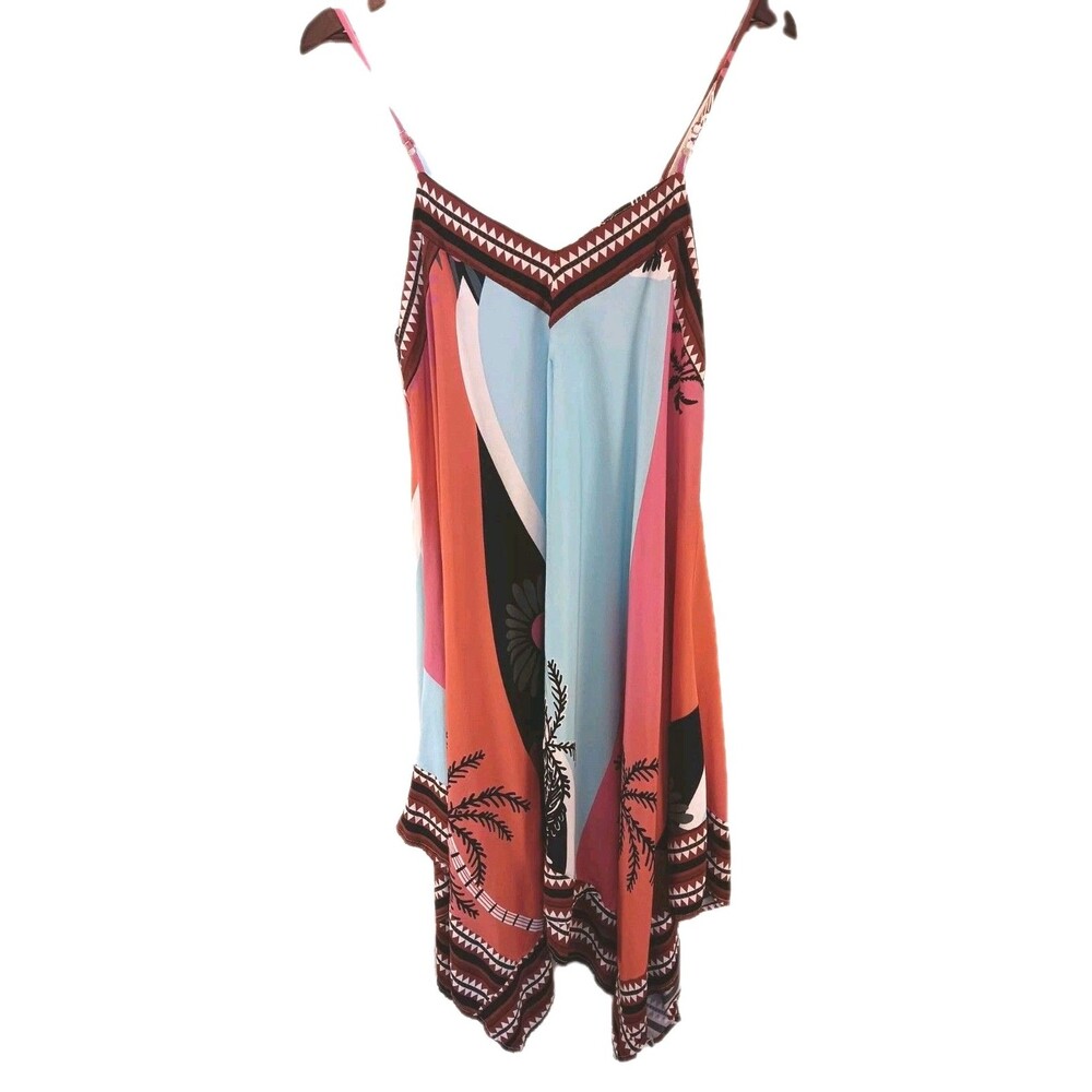 Paradise USA Tropical Palm Tree Floral Slip Dress Large Boho Geometric Border